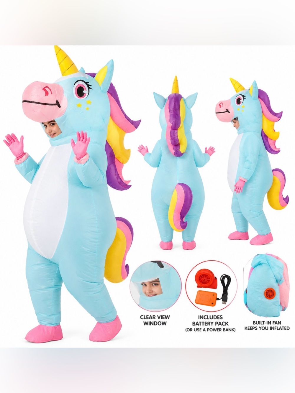 Adult Inflatable Unicorn Costume One Size Blue Rainbow Halloween Costume